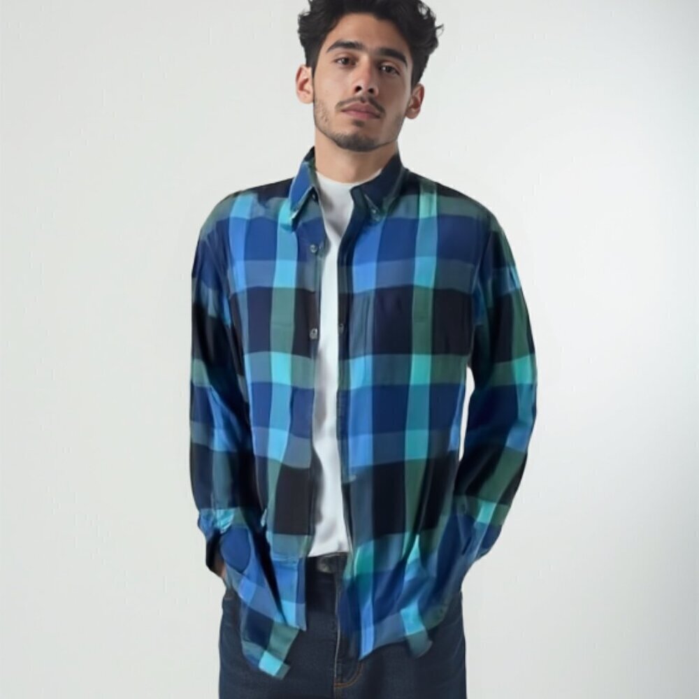 Chaps Blue Plaid Flannel Shirt Mens Medium Teal Checked Button Down